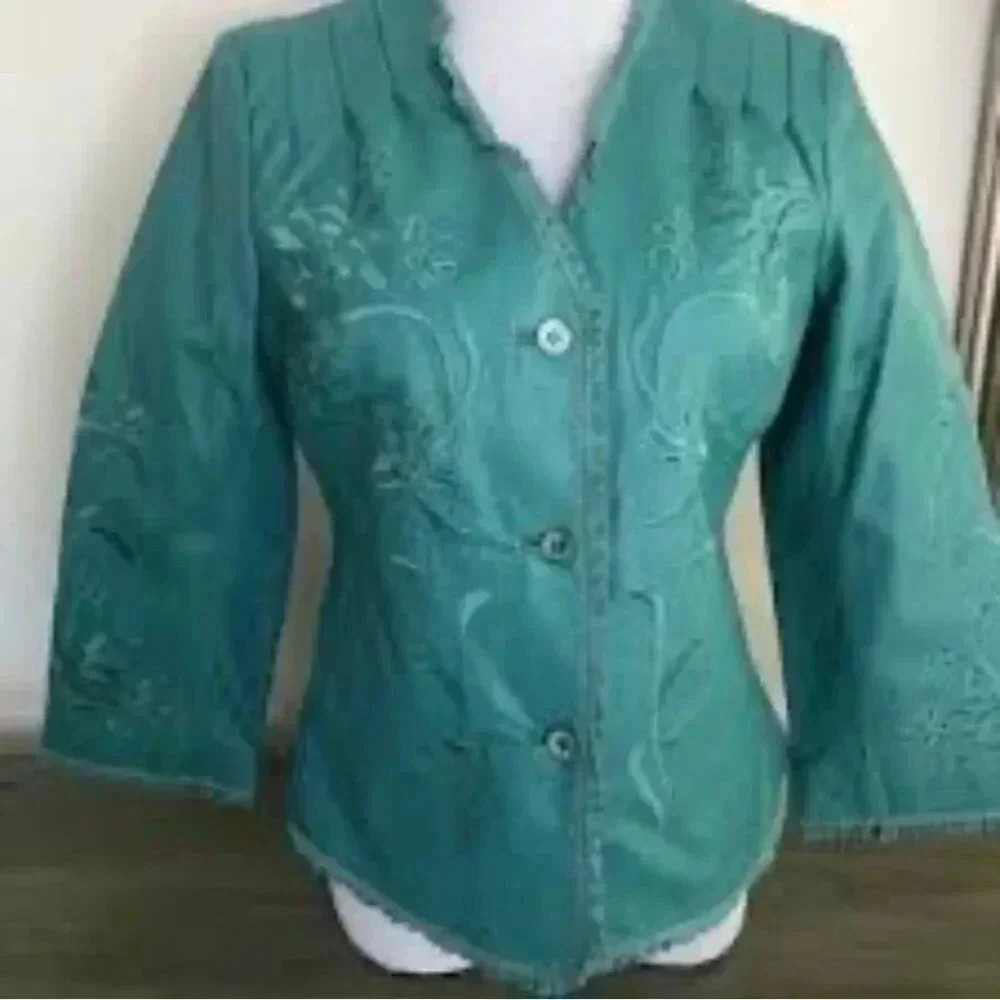 Vintage Terry Lewis Size Large Leather Coat Embroidered Eyelet Ruffle Teal